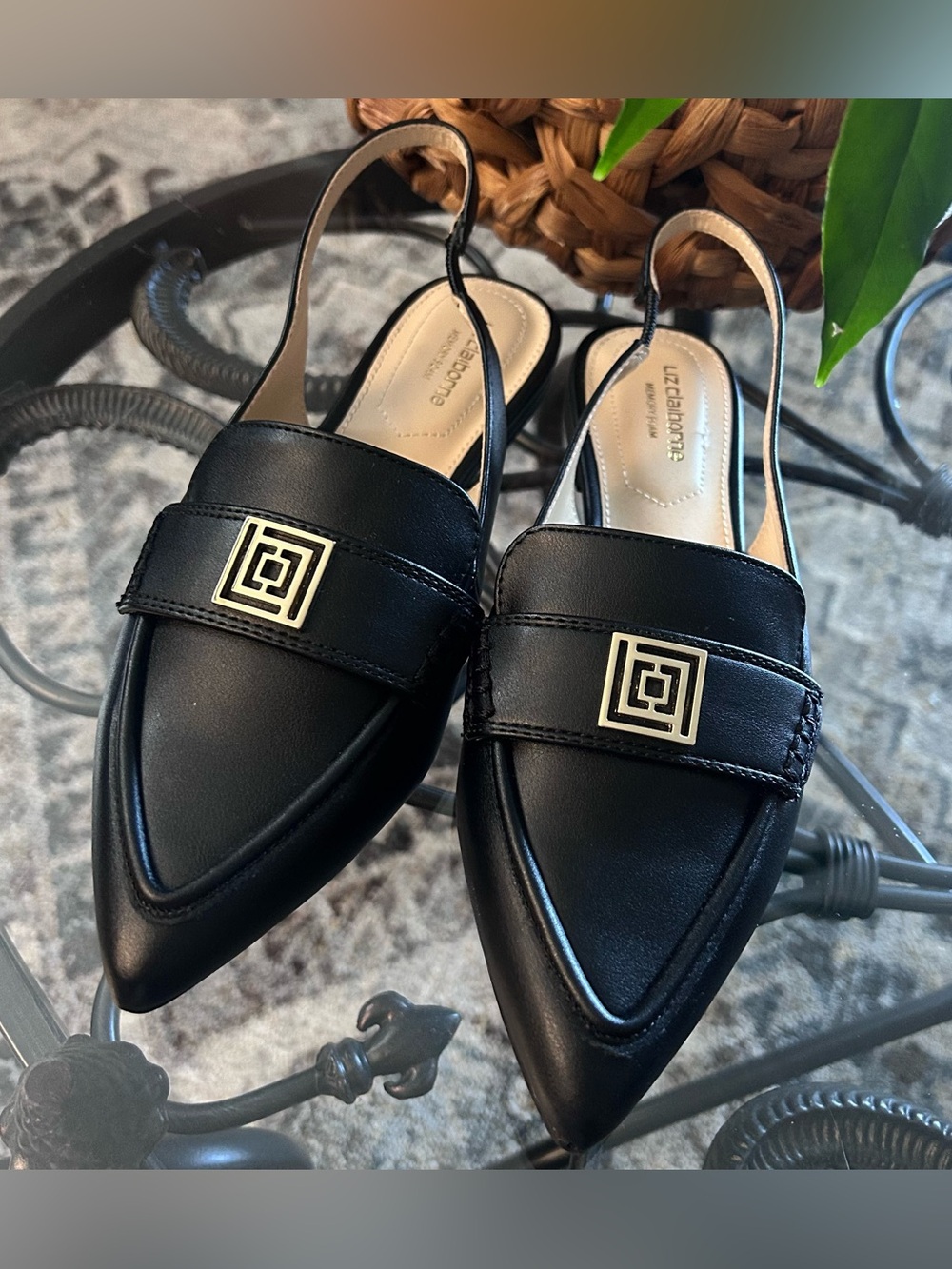 Liz Claiborne Black Pointed Slingback Mules with Gold Emblem